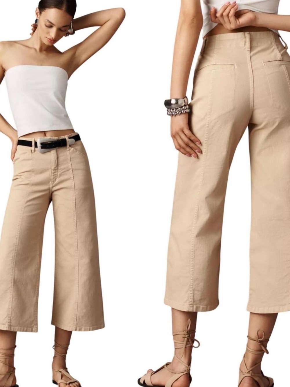 Maeve Beige Wide-Leg Cropped Pants